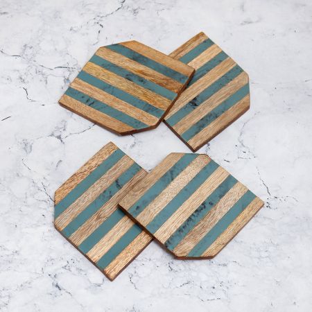 Blue and Brown Premium Wooden Coasters - Pack of 4